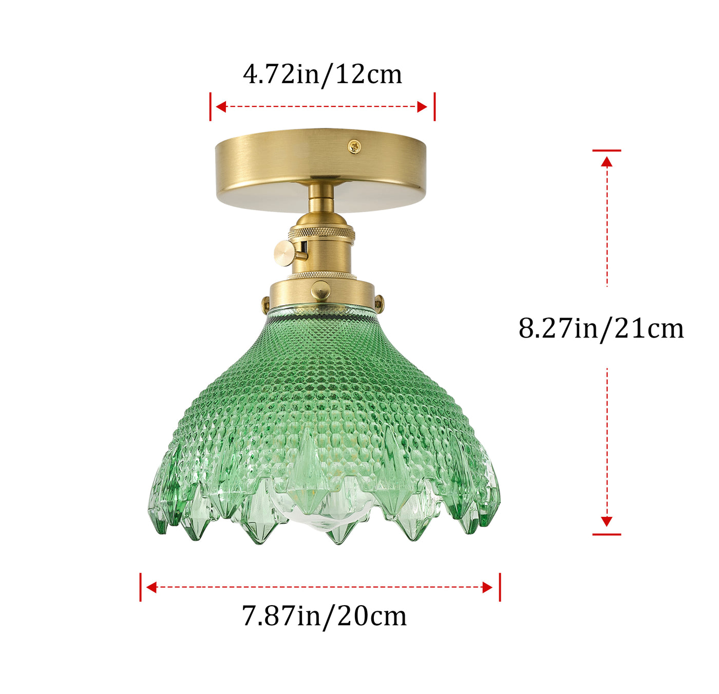 1-Light Mid-Century Semi Flush Ceiling Light, Brass Finish, Green Glass Shade,  for Hallway