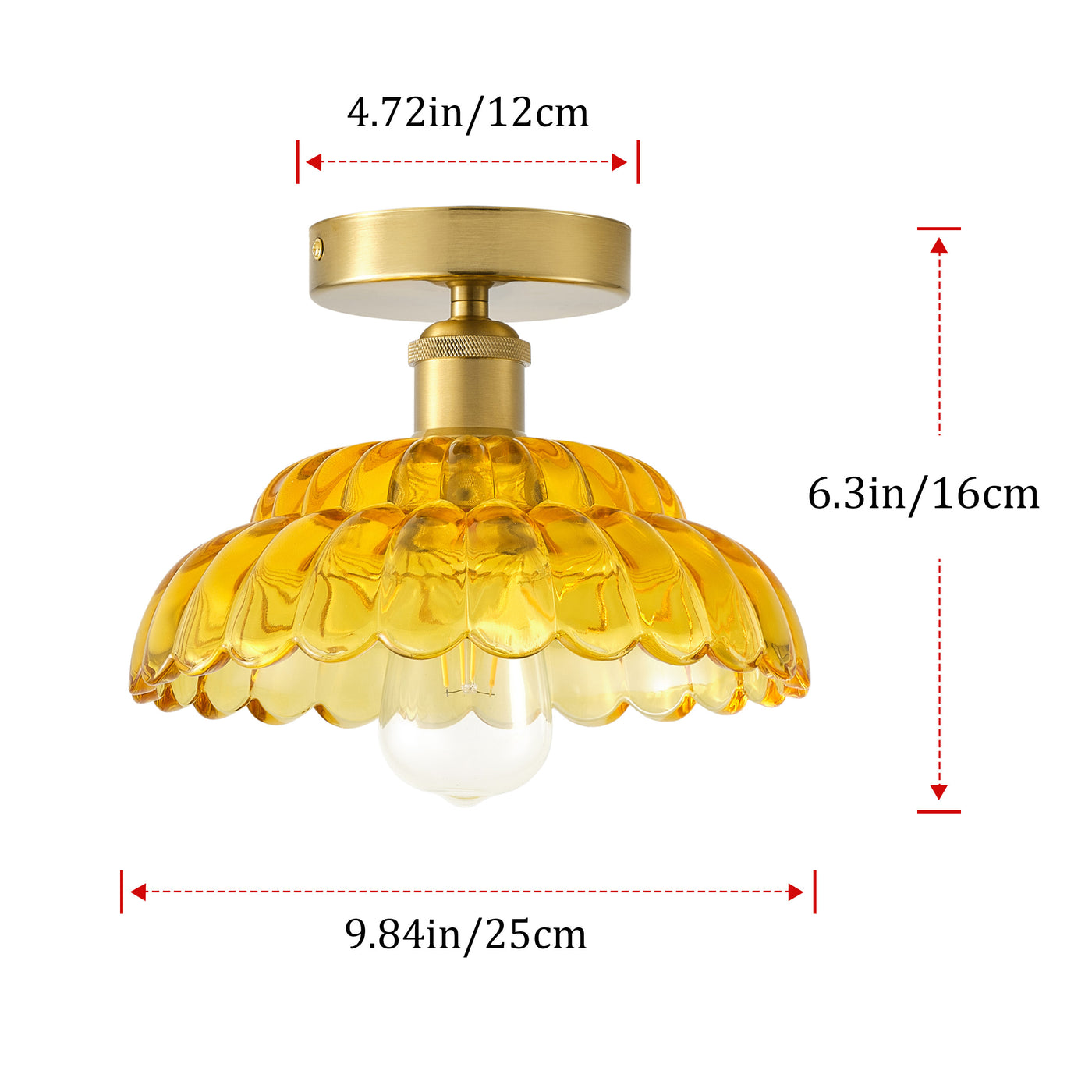 1-Light Modern Vintage Ceiling Light Fixture, Amber Glass Semi Flush Mount with Brass Finish