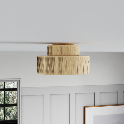1-Light Round Imitation Wood Grain Paper Weaving Semi-Flush Mount Lighting