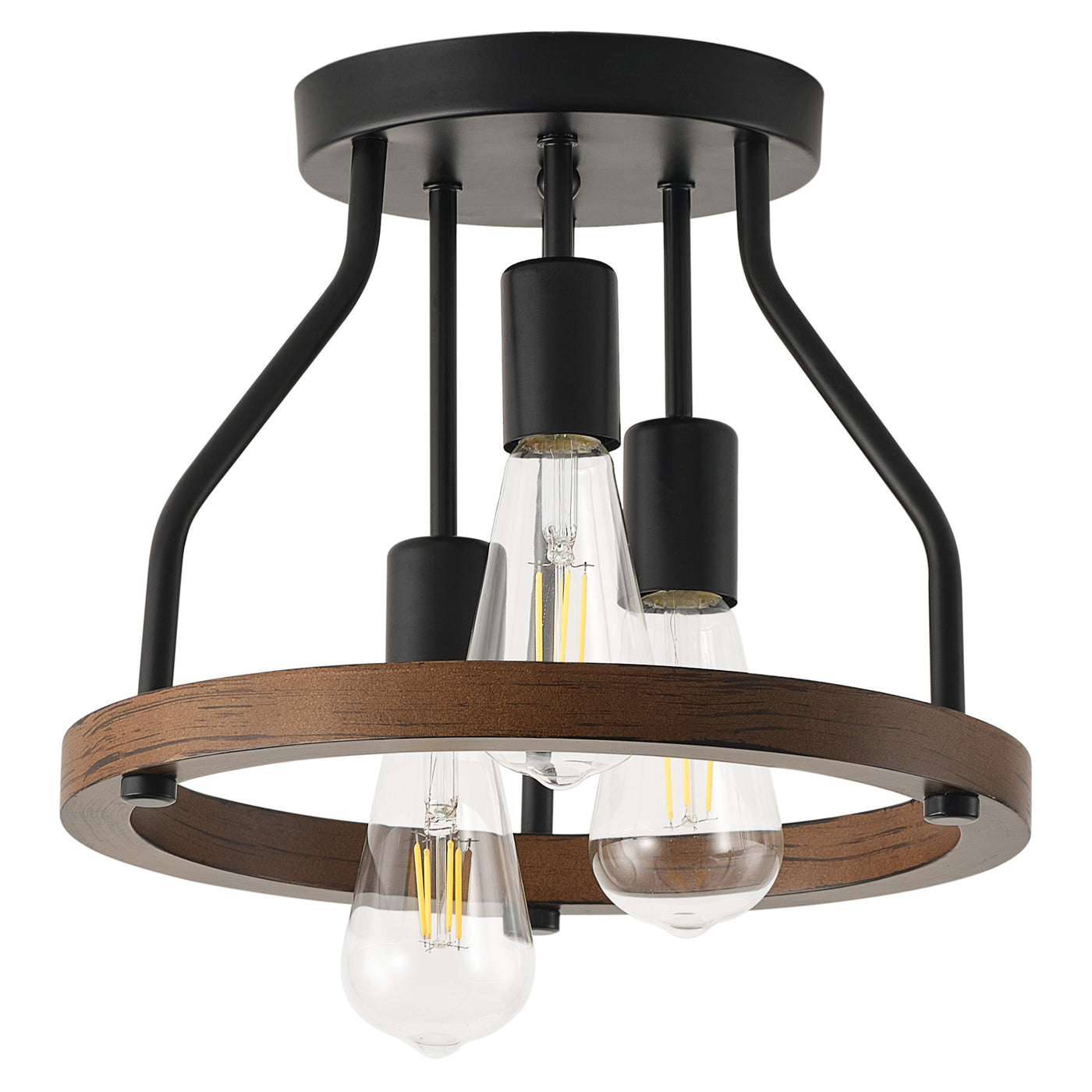 3-Lights Skeletonized Metal Frame Combined with Wooden Frame Semi-Flush Mount Lighting