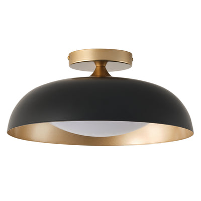 1-Light LED Bowl-Shaped Black and Gold Metal Shade Semi-Flush Mount Lighting