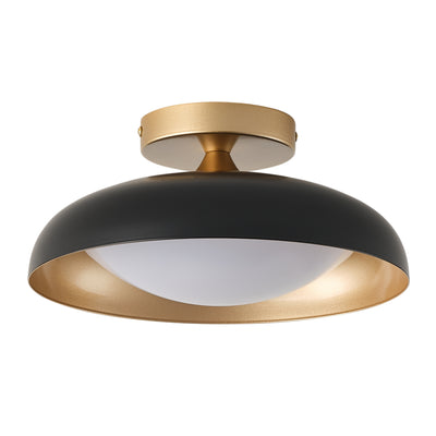 1-Light LED Bowl-Shaped Black and Gold Metal Shade Semi-Flush Mount Lighting