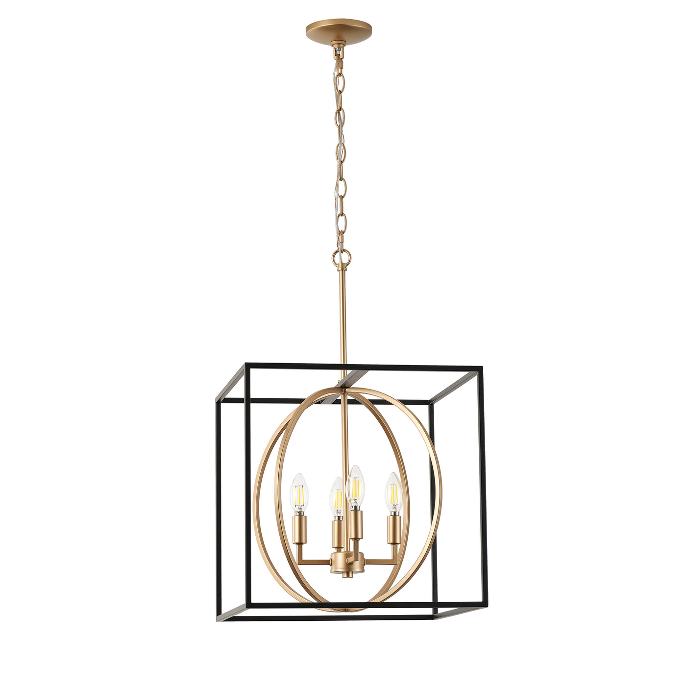 4-Light Farmhouse Pendant Chandelier, Industrial Black and Gold Ceiling Light with Cube Frame