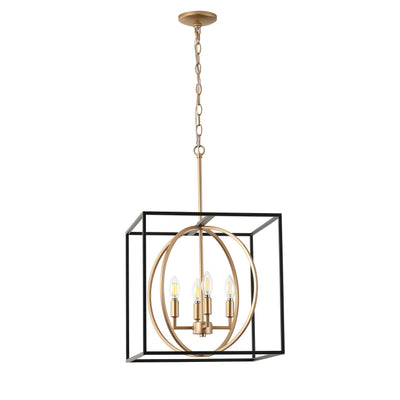 4-Light Farmhouse Pendant Chandelier, Industrial Black and Gold Ceiling Light with Cube Frame