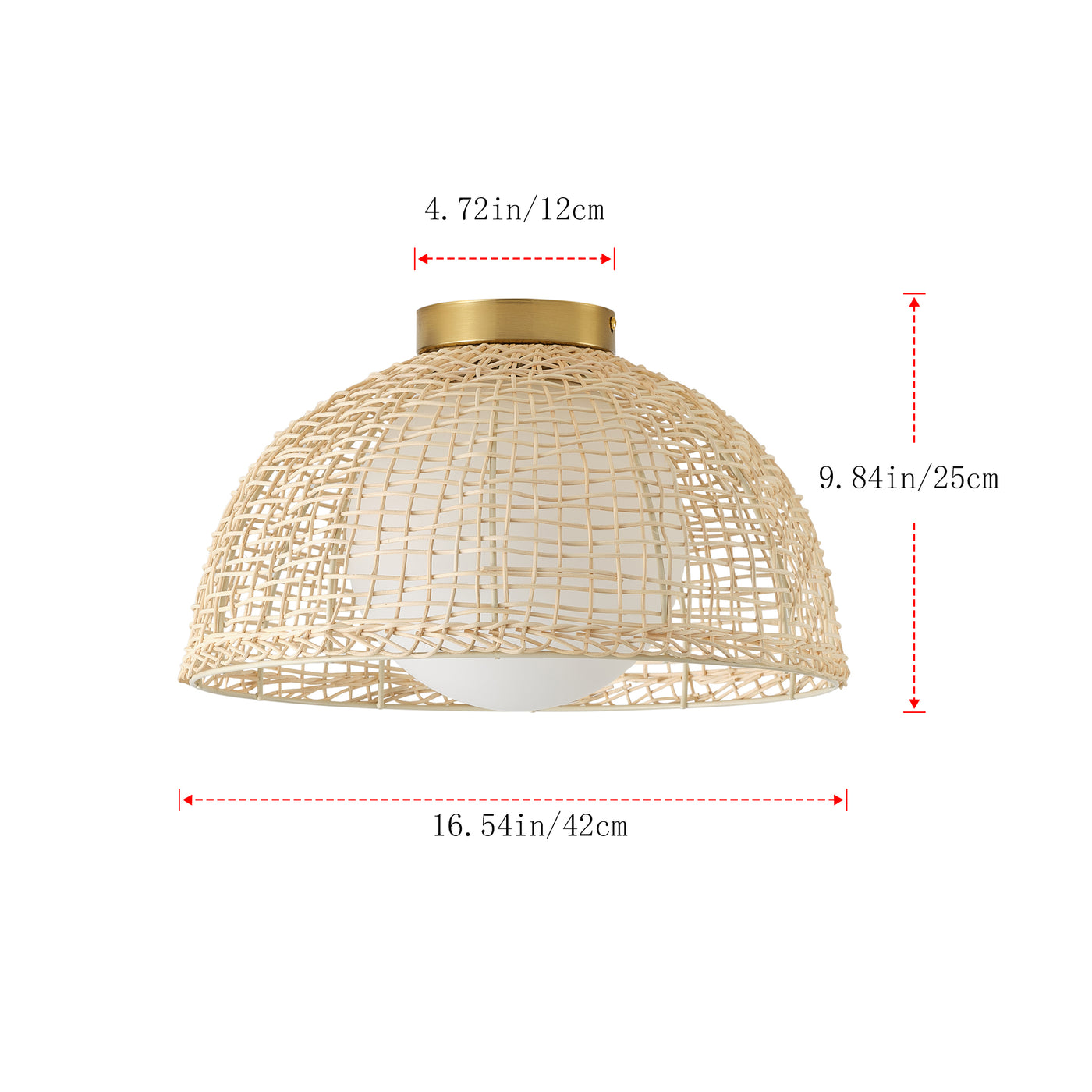 1-Light Boho Rattan Semi Flush Mount Ceiling Light,Frosted Globe