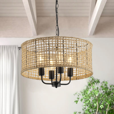 4-Lights Natural Hand-Woven Twine Drum Shade Pendant Lighting