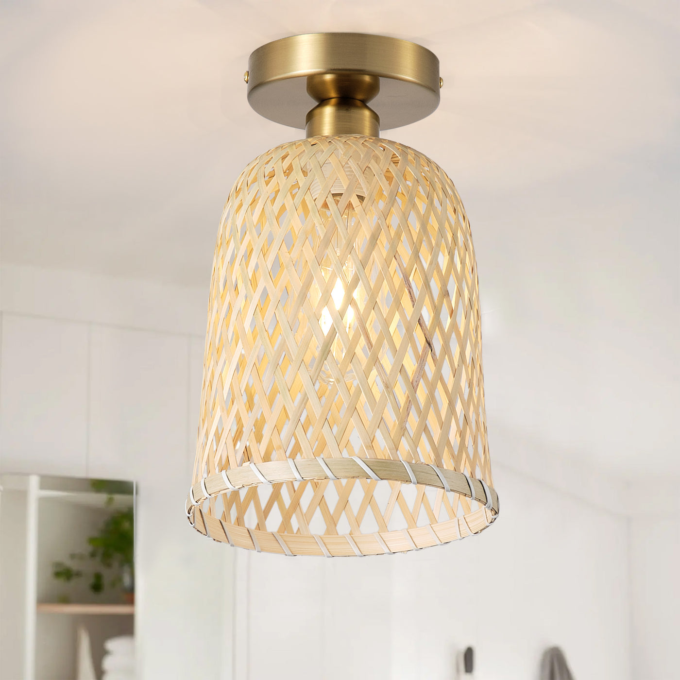 1-Light Bamboo Basket Shape Openwork Design Semi-Flush Mount Lighting