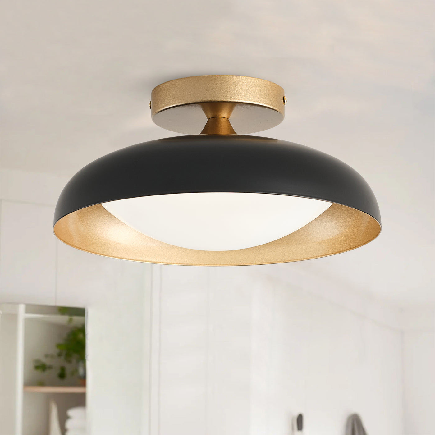 1-Light LED Bowl-Shaped Black and Gold Metal Shade Semi-Flush Mount Lighting