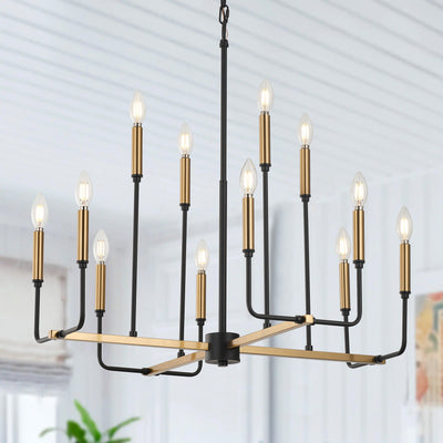 12-Lights Black-Gold Candle Lamp Head Chandelier