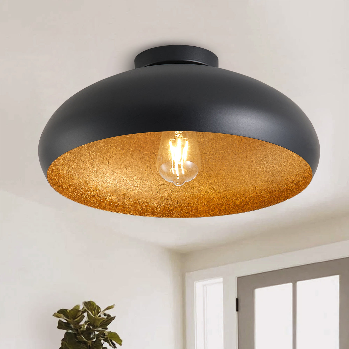 1-Light Sanded Black Exterior and Baked Imitation Gold Leaf Interior Shade Semi-Flush Mount Lighting