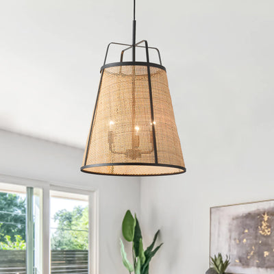 3-Lights Bamboo Shade with Black Metal Frame Pendant Lighting