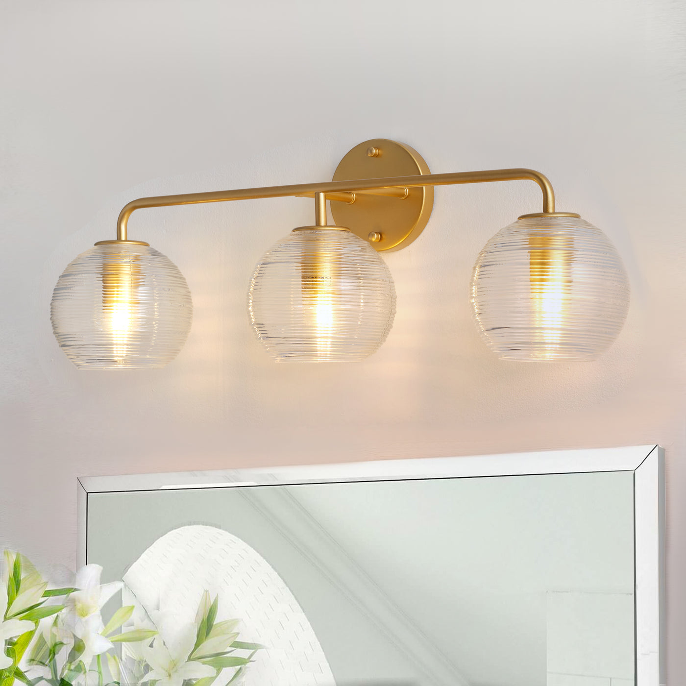 3-Lights Spherical Clear Stripe Glass Shade Bathroom Vanity Lighting