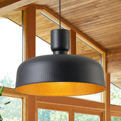 1-Light Industrial Sanded Black Exterior and Sprayed Gold Leaf Interior Bowl Shade Pendant Lighting