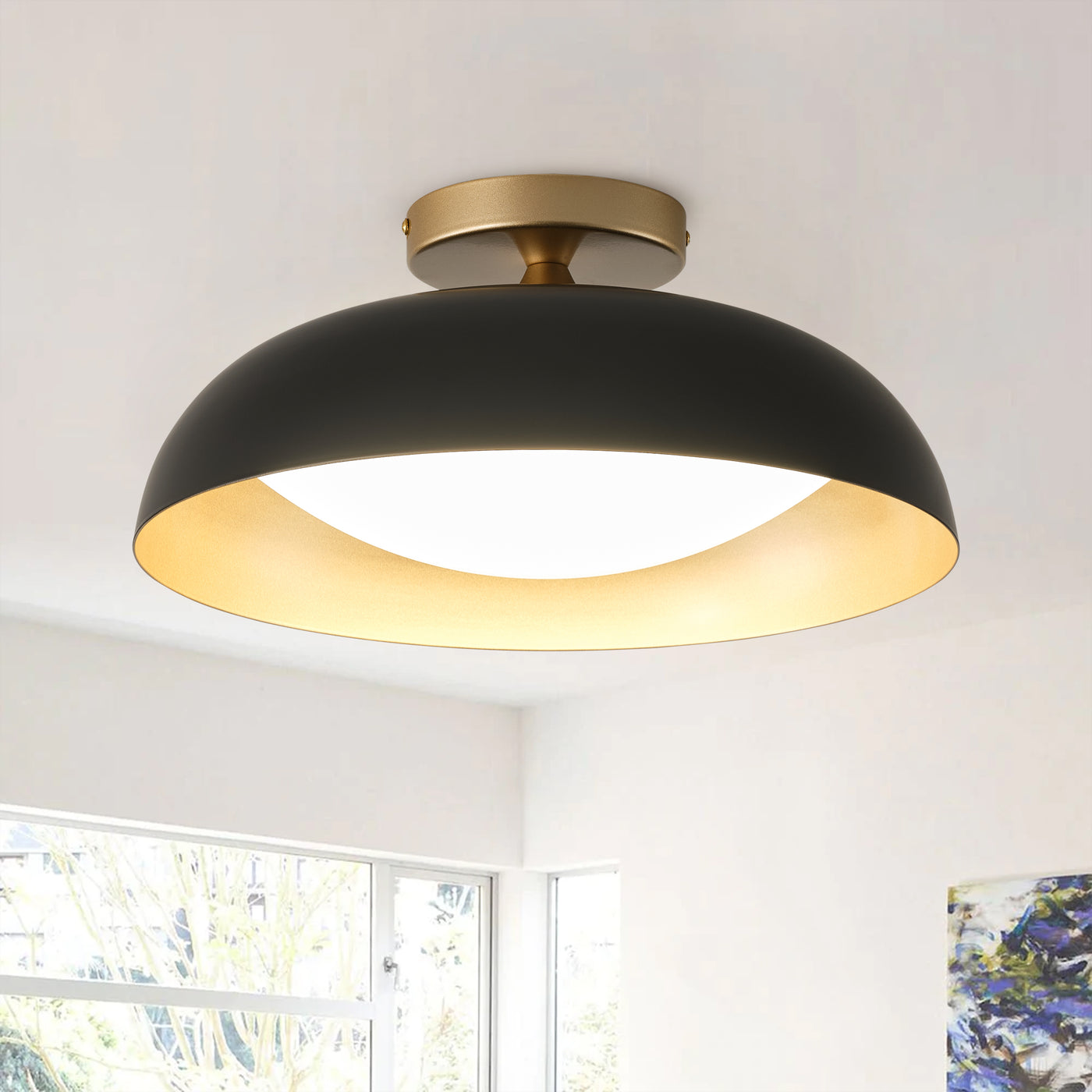 1-Light LED Bowl-Shaped Black and Gold Metal Shade Semi-Flush Mount Lighting