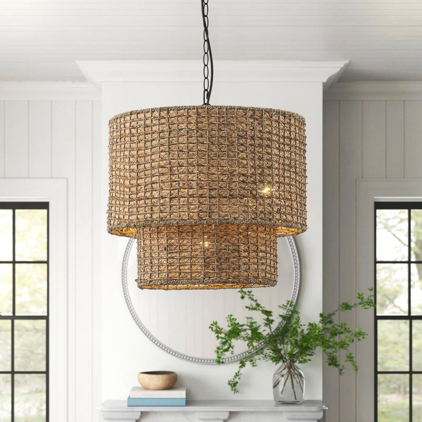 4-Light Brown Double Layer Natural Rattan Shades Design Pendant Lighting