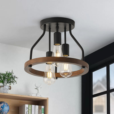 3-Lights Skeletonized Metal Frame Combined with Wooden Frame Semi-Flush Mount Lighting