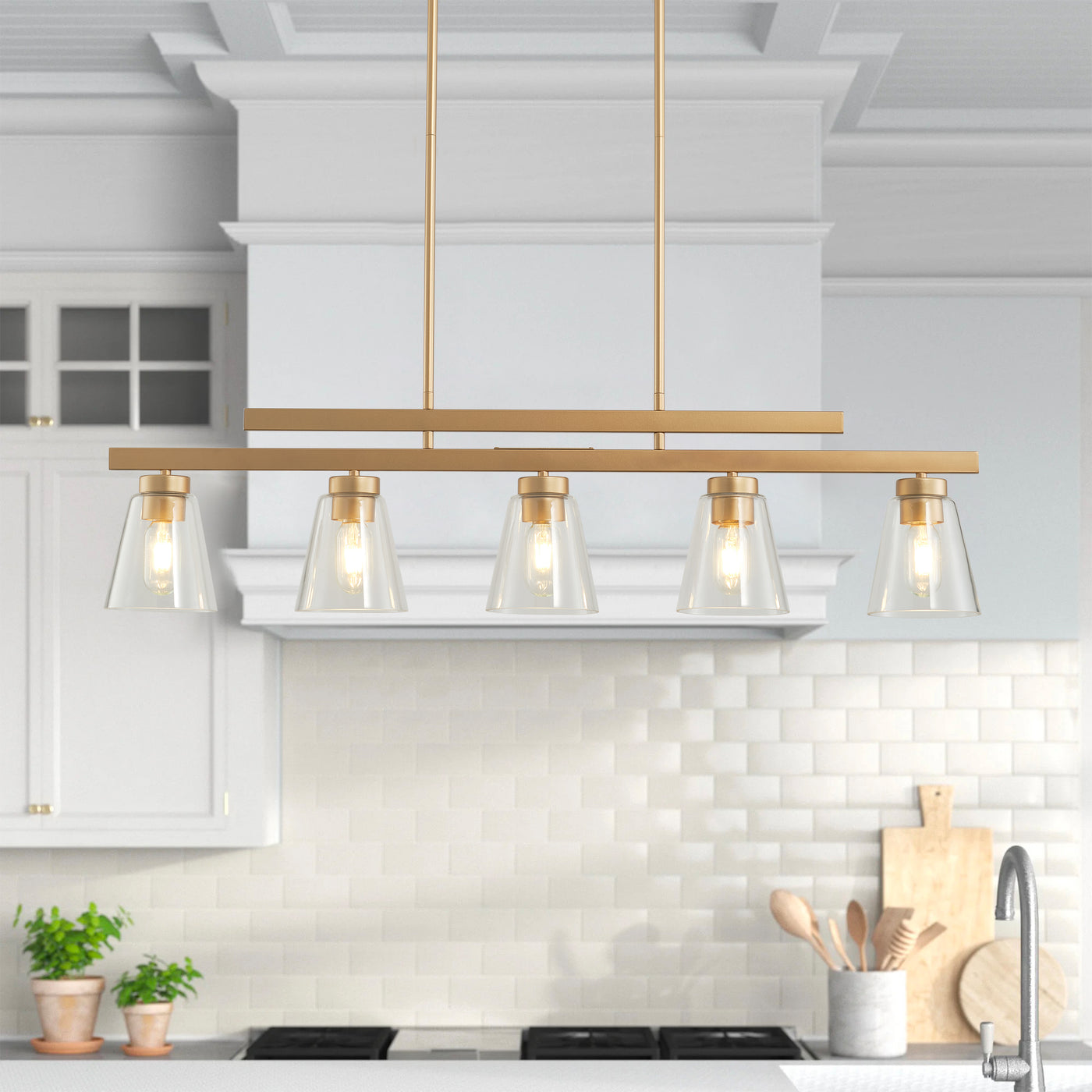 5-Lights Gold Clear Glass Shade Kitchen Island Lights