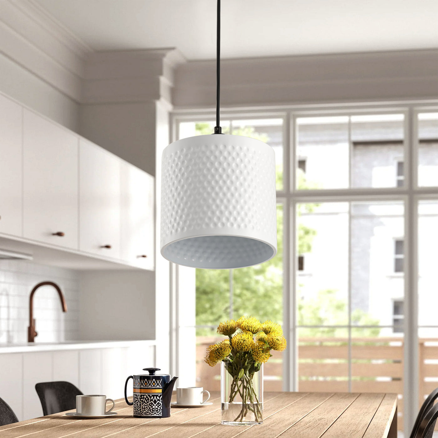 1-Light White Cylinder Shade Dimmable Adjustable Pendant Lighting