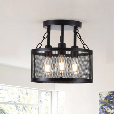 3-Lights Metal Mesh Frame Column Shade Semi-Flush Mount Lighting