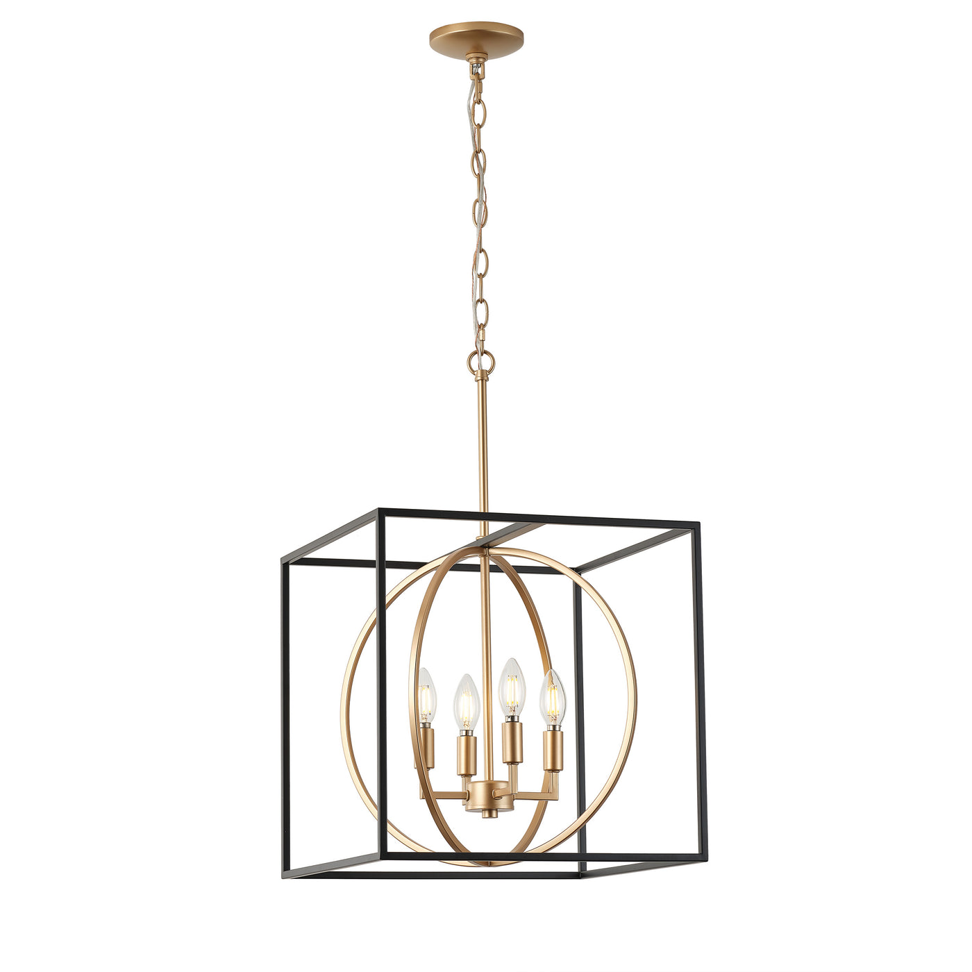 4-Light Farmhouse Pendant Chandelier, Industrial Black and Gold Ceiling Light with Cube Frame