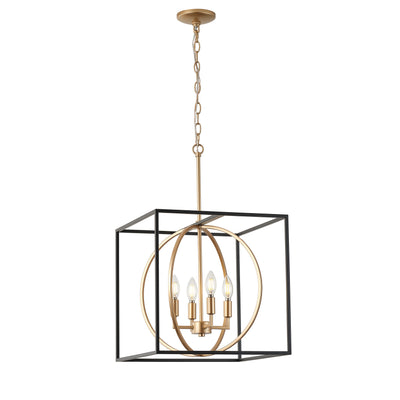 4-Light Farmhouse Pendant Chandelier, Industrial Black and Gold Ceiling Light with Cube Frame