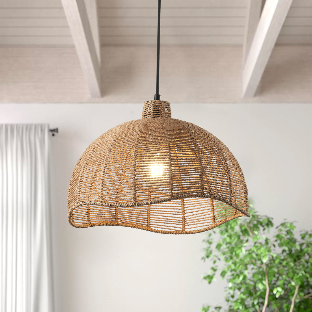 Karjearl Rattan Pendant Light, 15.7 Rattan Chandelier Hand-Woven Boho Pendant Light Fixtures with Solid Wood, Basket Wicker Chandelier for Dining Room Kitchen Island Living Room