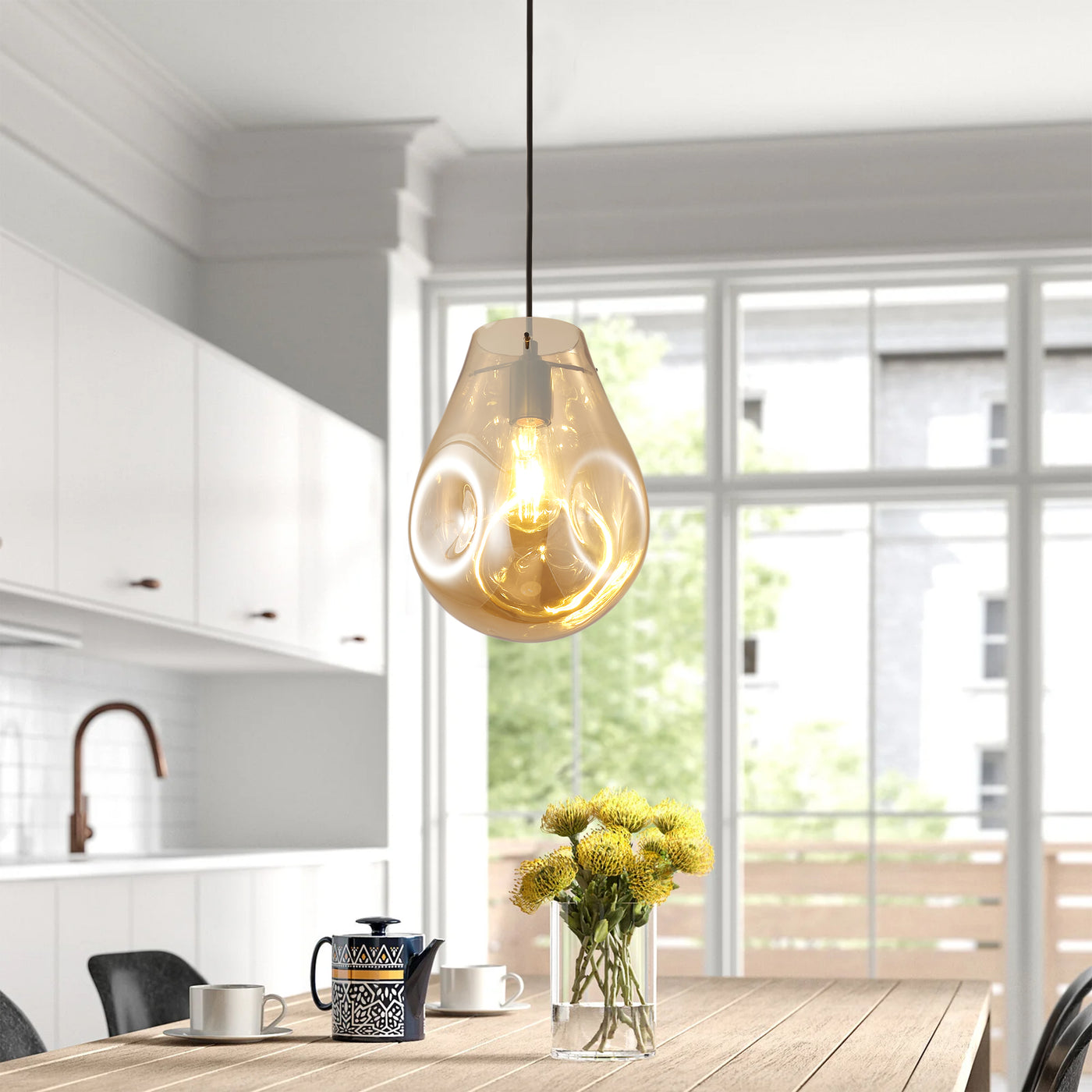 1-Light Amber Colored Irregular Oval Shape Pendant Lighting