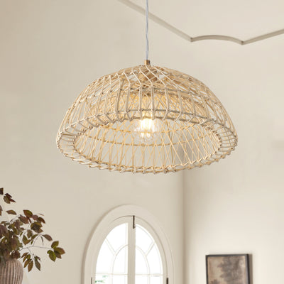 1-Light Bowl-Shaped Rattan Openwork Design Pendant Lighting