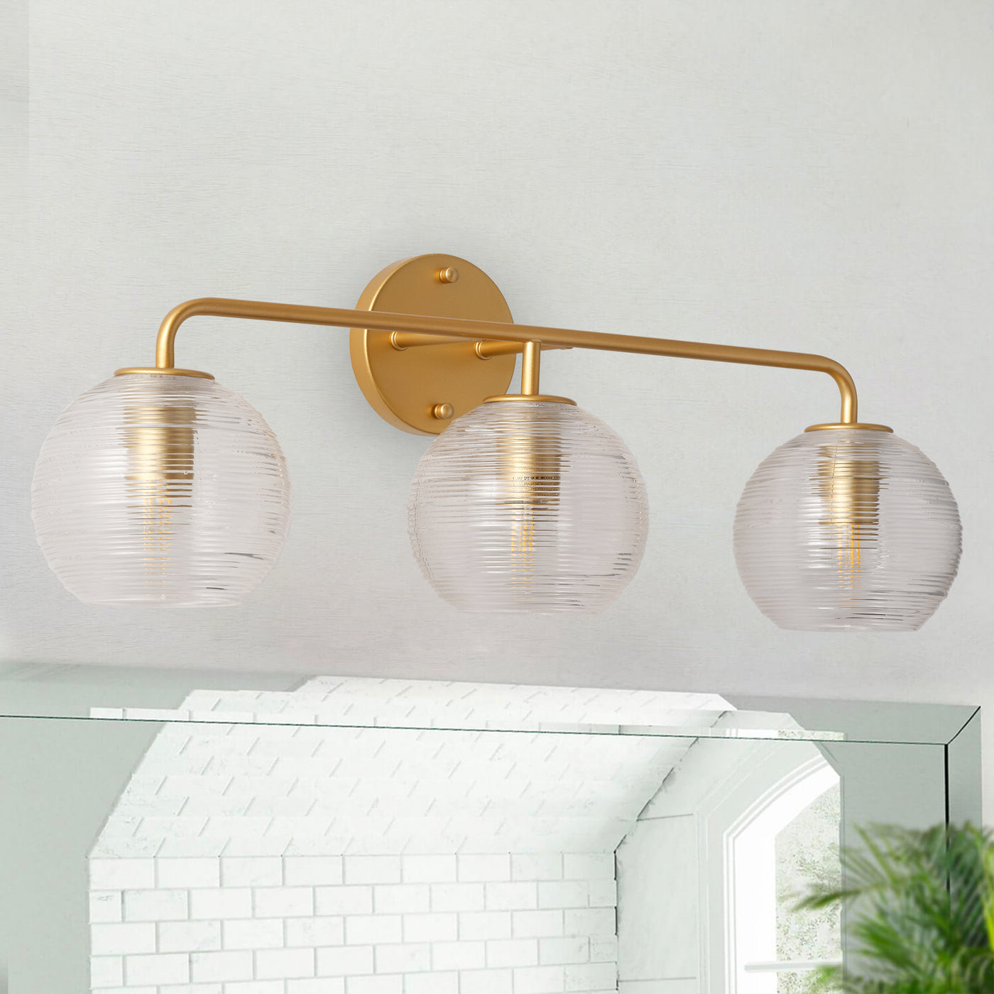 3-Lights Spherical Clear Stripe Glass Shade Bathroom Vanity Lighting