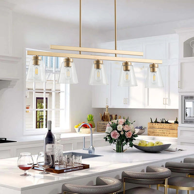 5-Lights Gold Clear Glass Shade Kitchen Island Lights