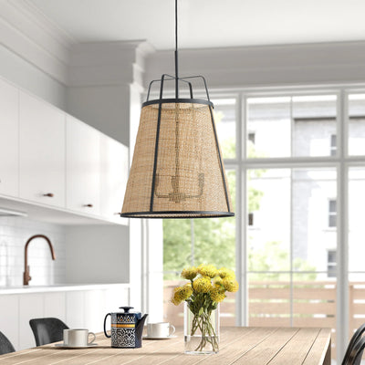 3-Lights Bamboo Shade with Black Metal Frame Pendant Lighting