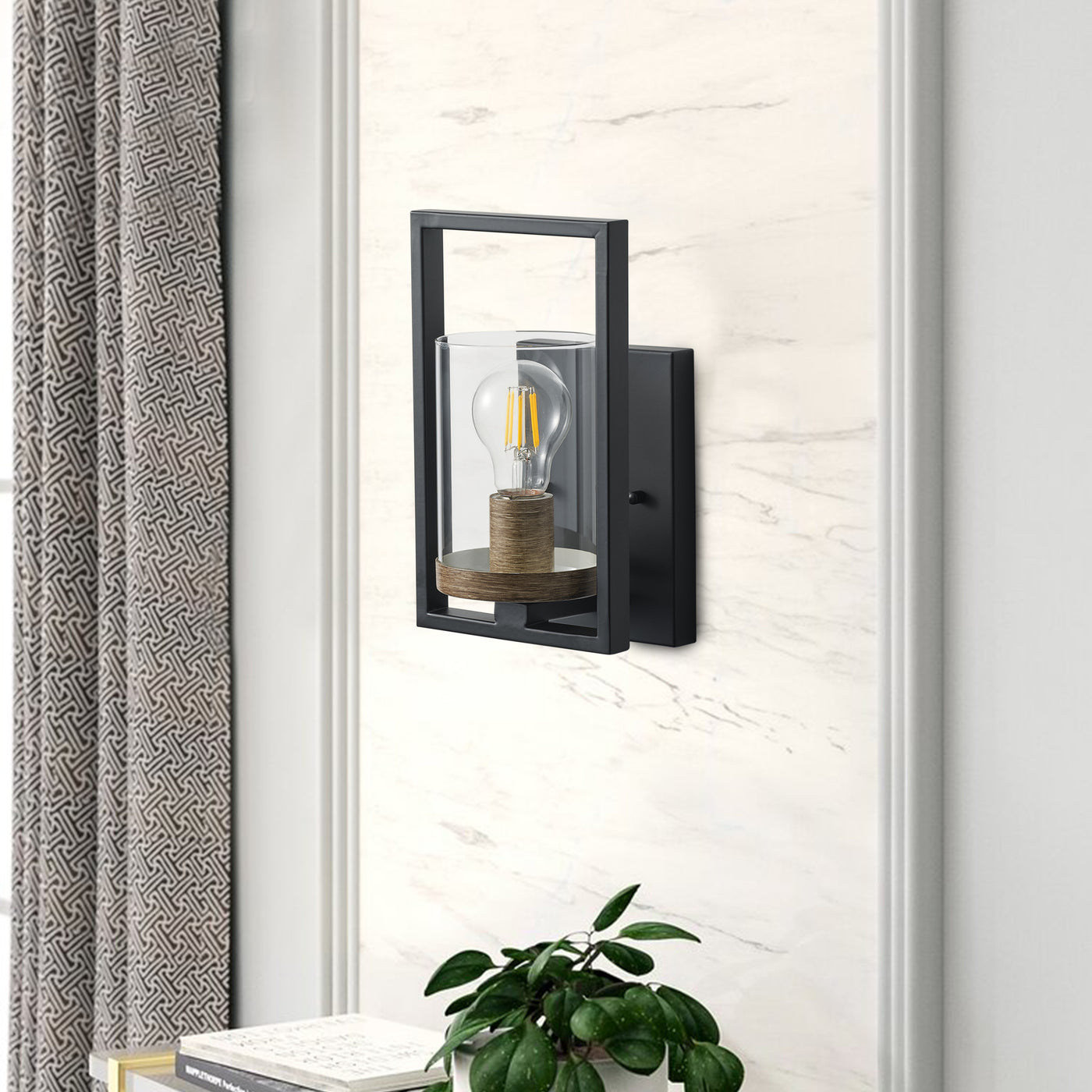 1-Light Glass Shade with Square Picture Frame Design Wall Sconce