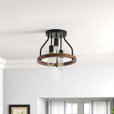 3-Lights Skeletonized Metal Frame Combined with Wooden Frame Semi-Flush Mount Lighting