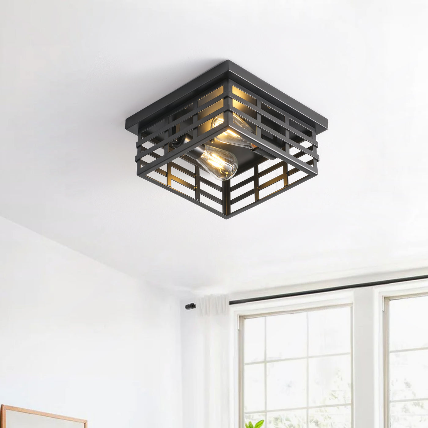 2-Lights Square Hollow Out Cage Metal Shade Flush Mount Lighting