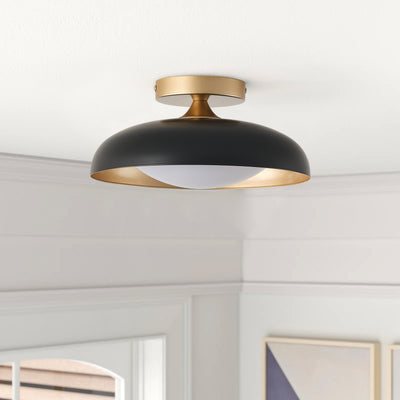 1-Light LED Bowl-Shaped Black and Gold Metal Shade Semi-Flush Mount Lighting