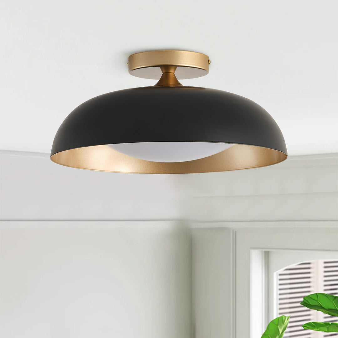 1-Light LED Bowl-Shaped Black and Gold Metal Shade Semi-Flush