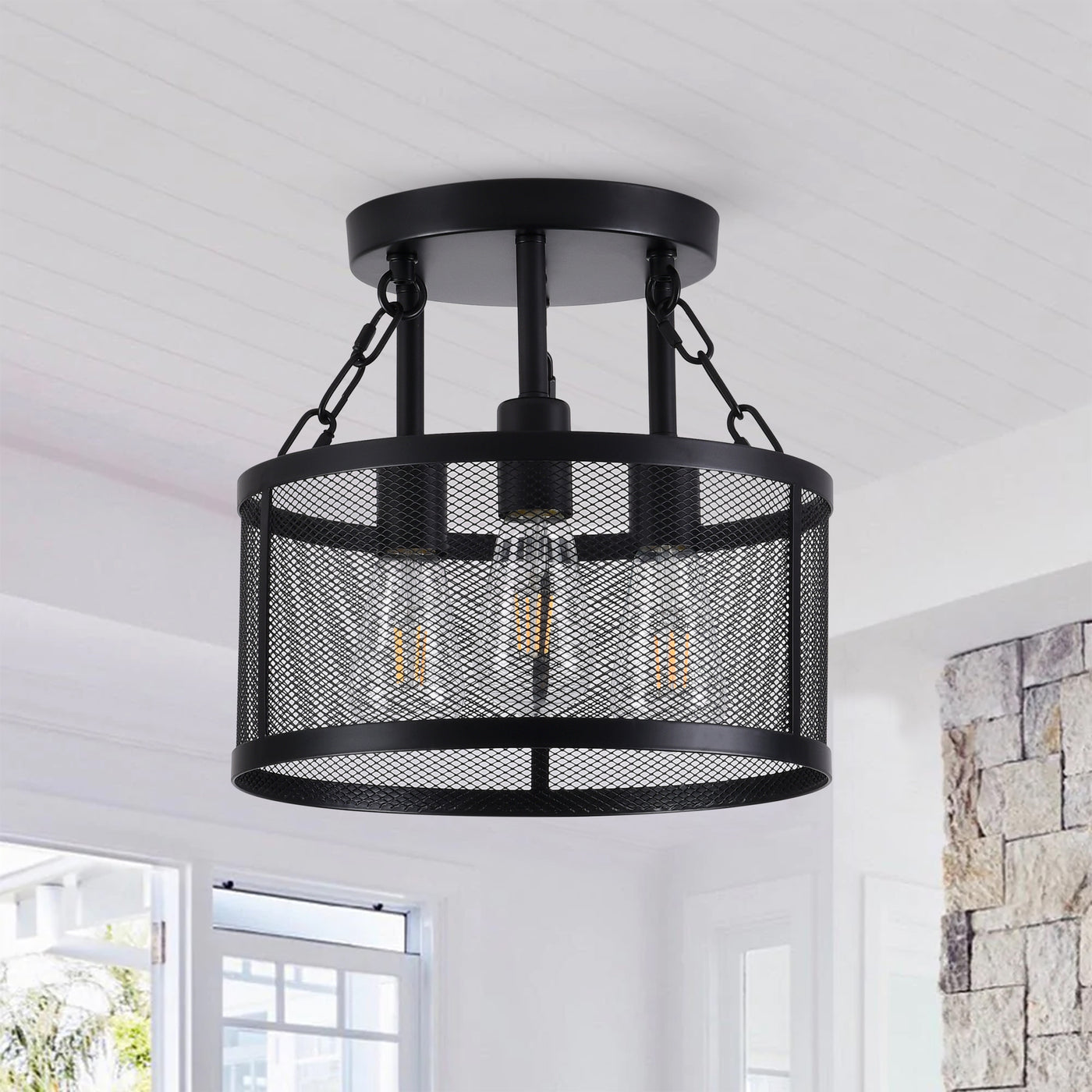 3-Lights Metal Mesh Frame Column Shade Semi-Flush Mount Lighting