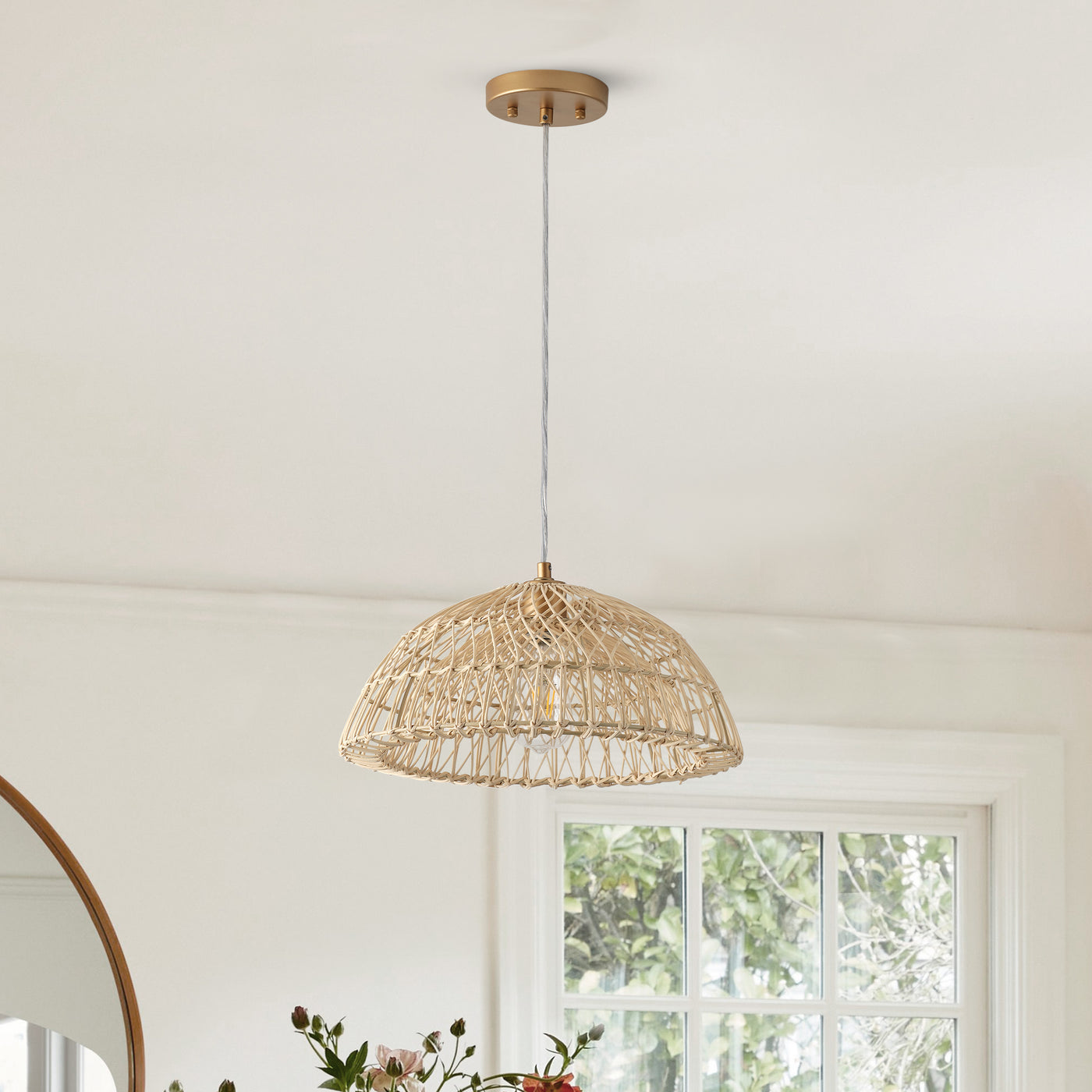 1-Light Bowl-Shaped Rattan Openwork Design Pendant Lighting