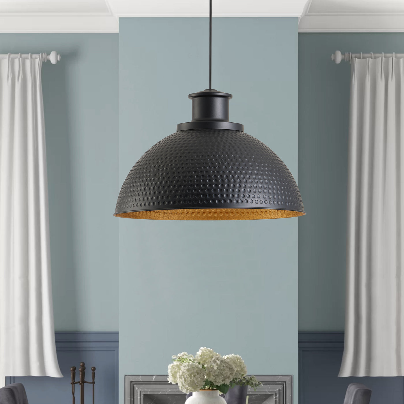 1-Light Sanded Black Exterior and Sprayed Gold Leaf Interior Bowl Shade Pendant Lighting