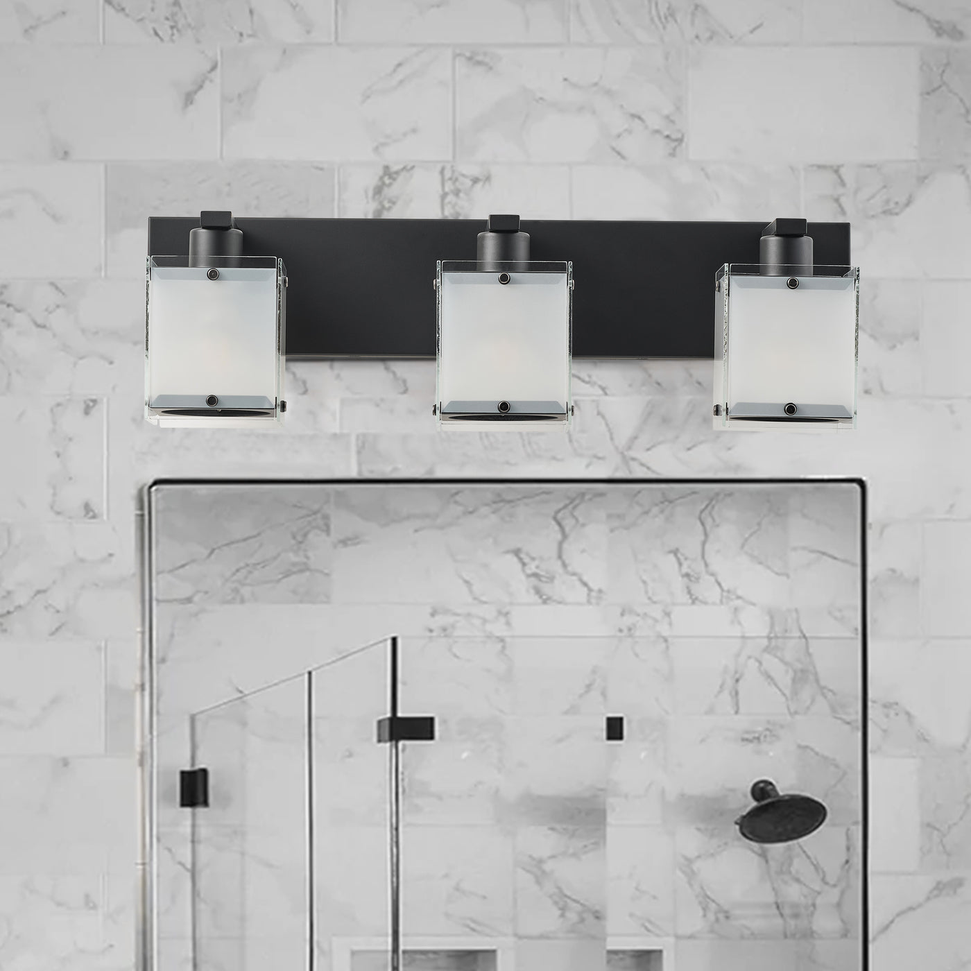3-Lights Tempered Glass Sandblasted Shade Bathroom Vanity Lighting