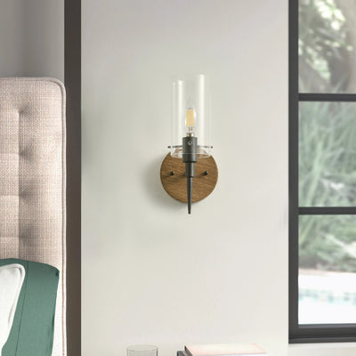 1-Light Classic Glass Shade with Imitation Pine Woodgrain Base Wall Sconce