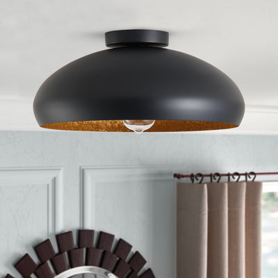 1-Light Sanded Black Exterior and Baked Imitation Gold Leaf Interior Shade Semi-Flush Mount Lighting