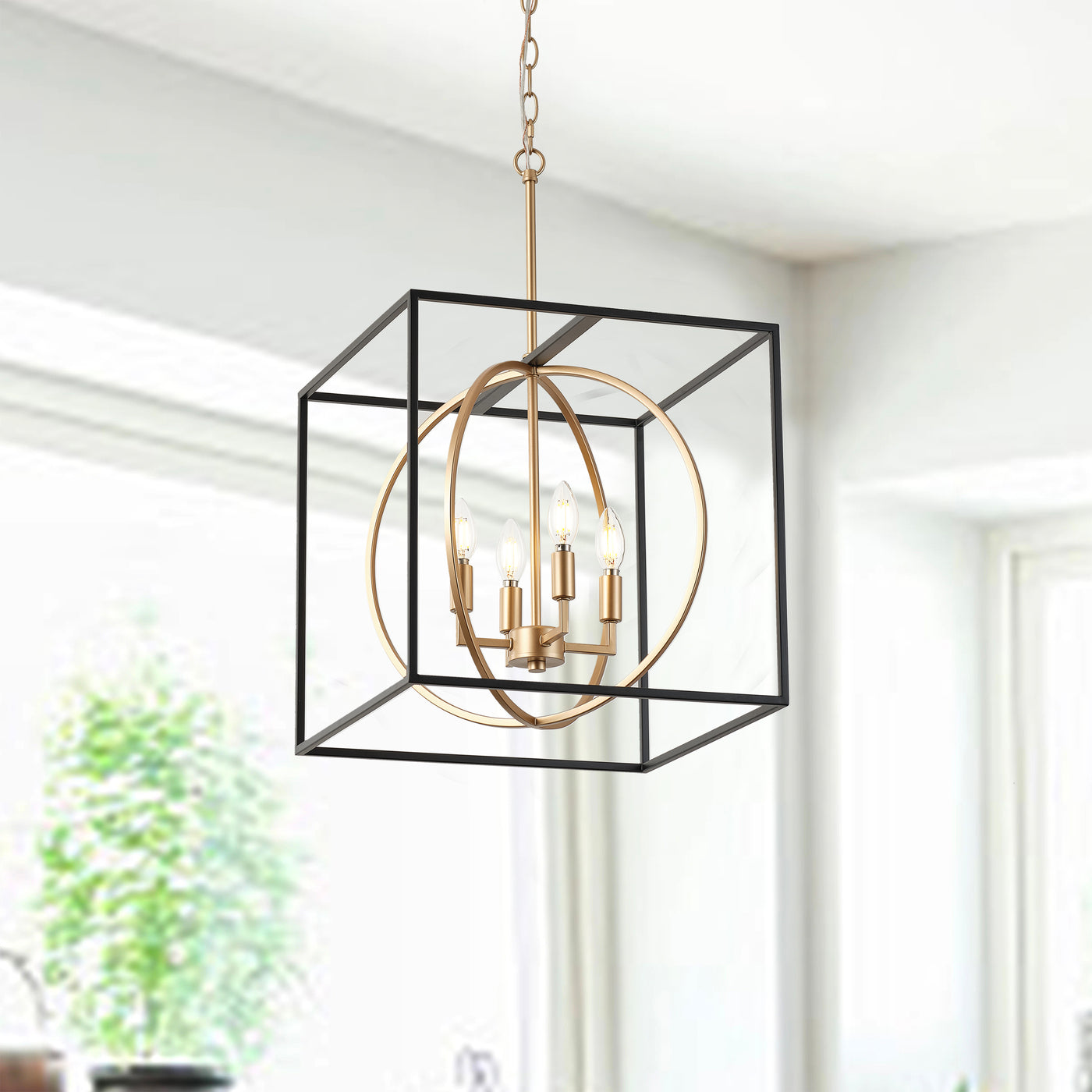 4-Light Farmhouse Pendant Chandelier, Industrial Black and Gold Ceiling Light with Cube Frame