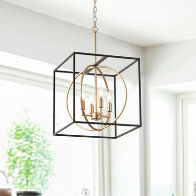 4-Light Farmhouse Pendant Chandelier, Industrial Black and Gold Ceiling Light with Cube Frame