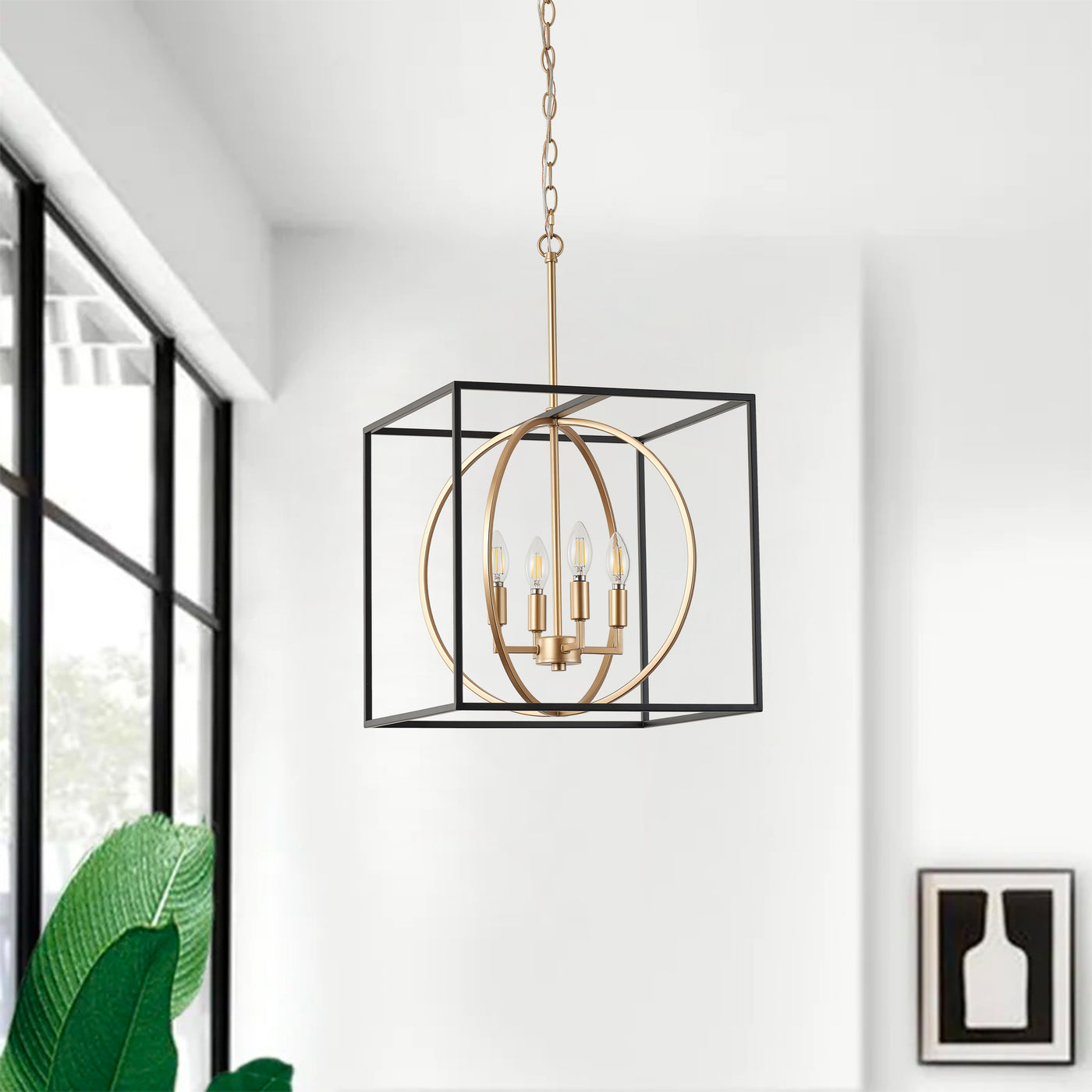 4-Light Farmhouse Pendant Chandelier, Industrial Black and Gold Ceiling Light with Cube Frame