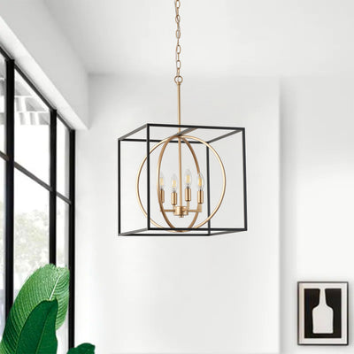 4-Light Farmhouse Pendant Chandelier, Industrial Black and Gold Ceiling Light with Cube Frame