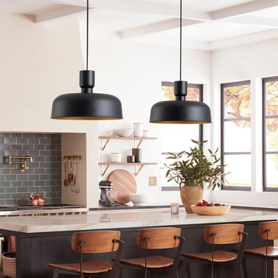 1-Light Industrial Sanded Black Exterior and Sprayed Gold Leaf Interior Bowl Shade Pendant Lighting