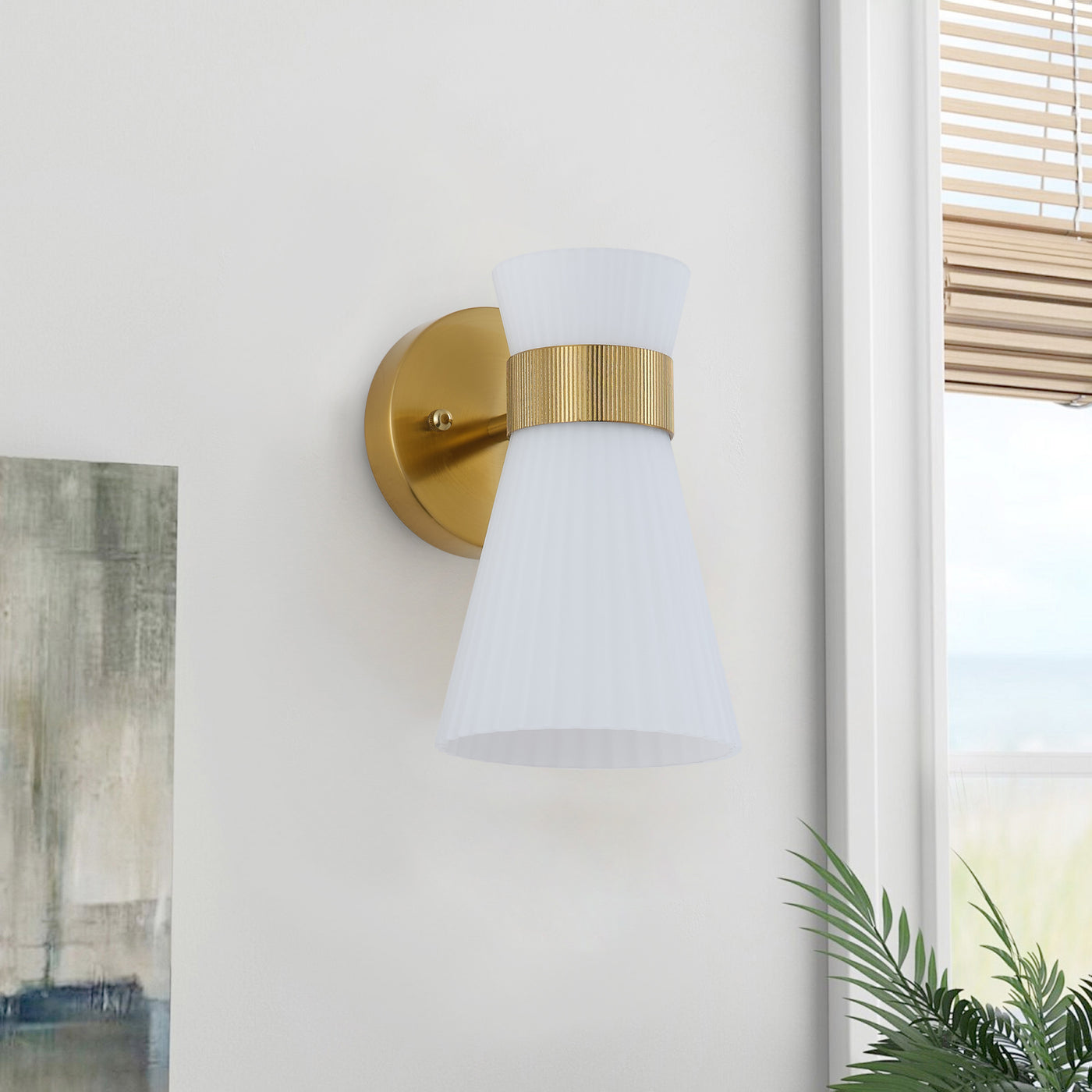 1 Light Mid Century Modern Brass Wall Sconce Flared Glass Shade Warm 3000K LED ETL Certified for Bedroom Corridor