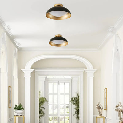 1-Light LED Bowl-Shaped Black and Gold Metal Shade Semi-Flush Mount Lighting