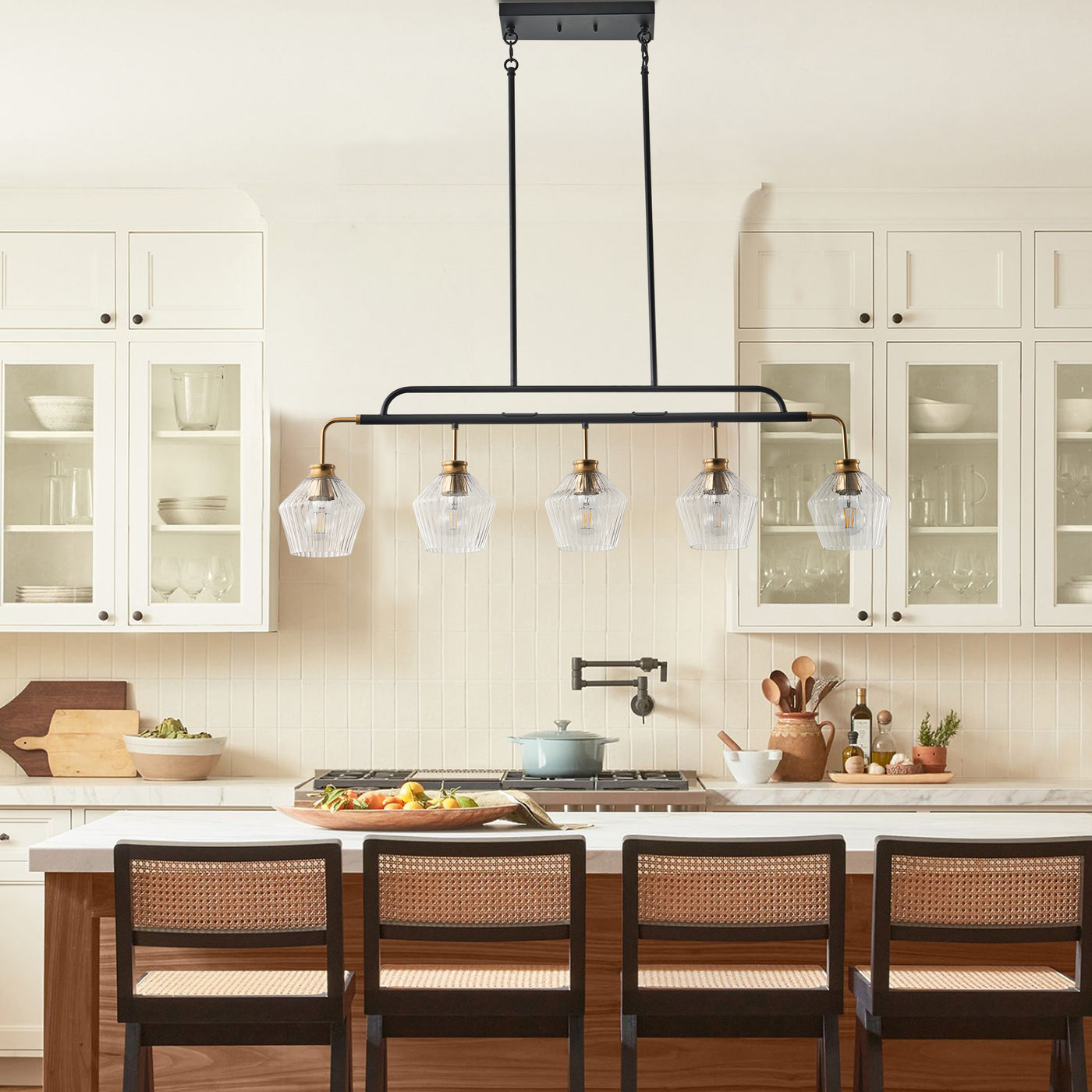 5-Lights Clear Light Striped Glass Shade Kitchen Island Lights